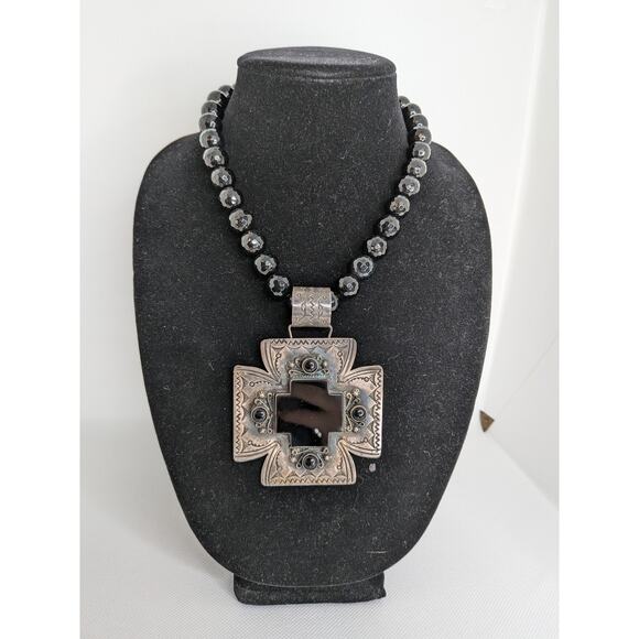 Dean Sandoval Jr. Sterling Large Navajo Onyx Cross Necklace 18.25"